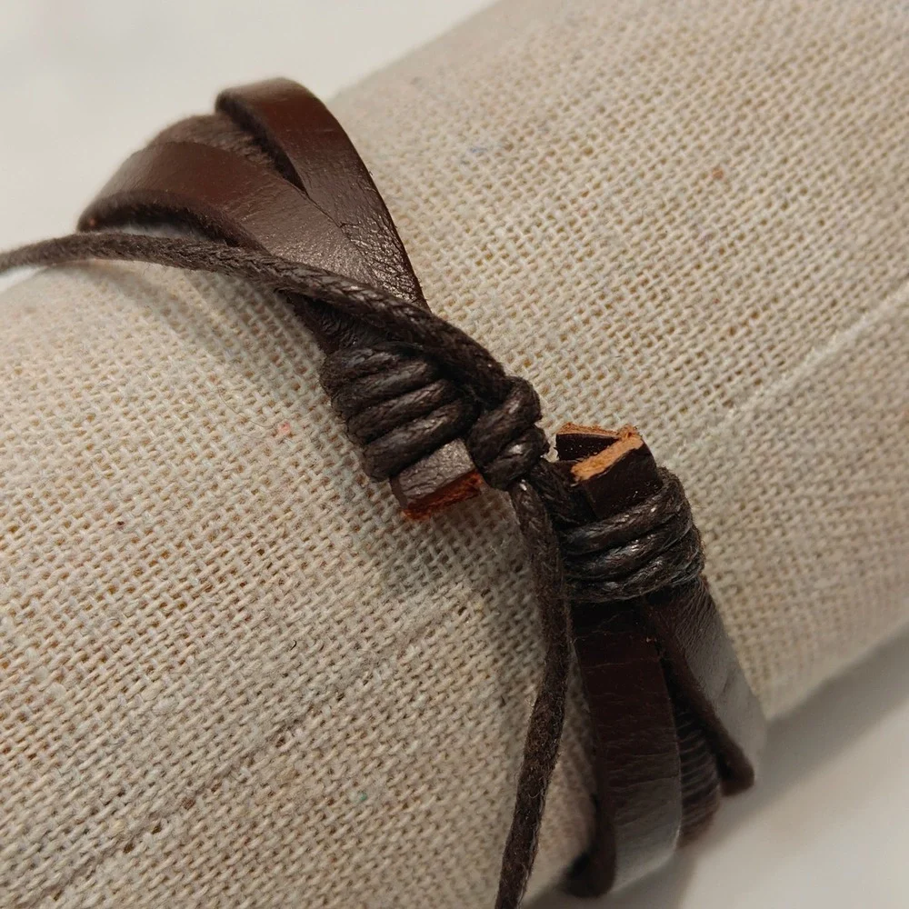 Mens Brown Faux‎ Leather Wrap Bracelet Red Orange Cord  Adjustable Sliding Knot